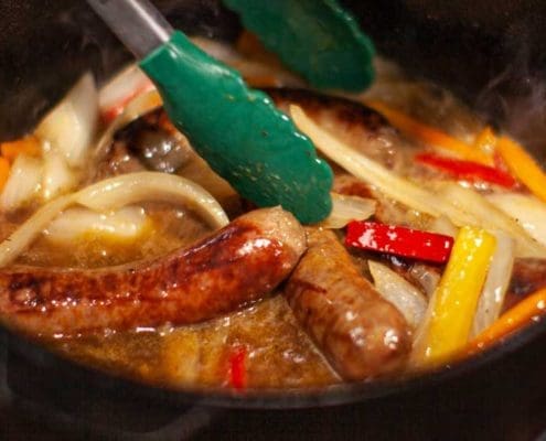 Beer Braised Brats, Onions and Peppers